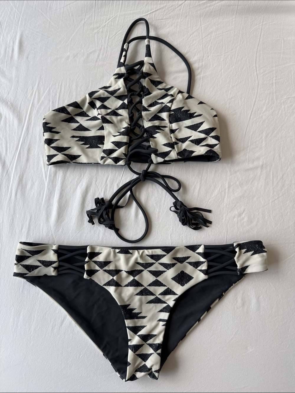 Reversible Geometric Lace-Up Halter Bikini